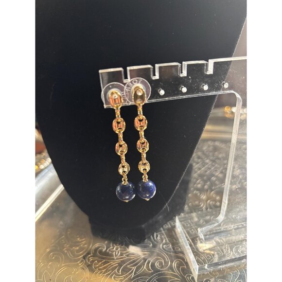 Brand New Gold Plated TOSH Earring Coffee Bean Chain with Authentic Lapis Lazuli - Picture 1 of 5